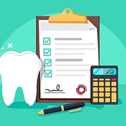 Diagram showing a dental insurance form, calculator, and model tooth